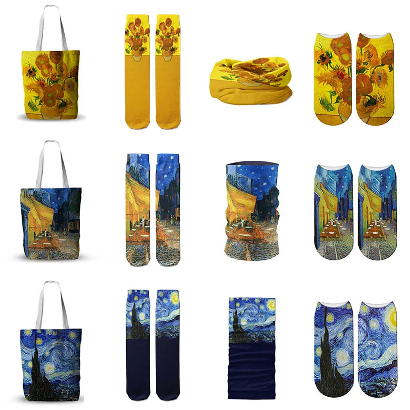 Van Gogh-Maleri-Serien Canvas Taske Sæt Iris Blomst Damer Sokker Stjerneklar Nat, Solsikke Tørklæde Høj Kvalitet Sæt Til Gave