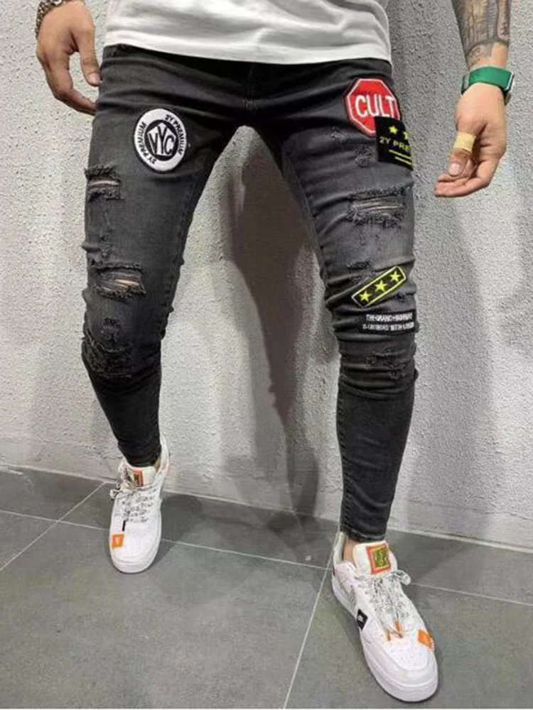 Den Europæiske 2020-Amerikansk Mode Nye Lokomotiv Patch Trendy Mærke Hip-Hop Jeans Med Stretch Slanke Mænd Denim Casual Pants Alle Årstider