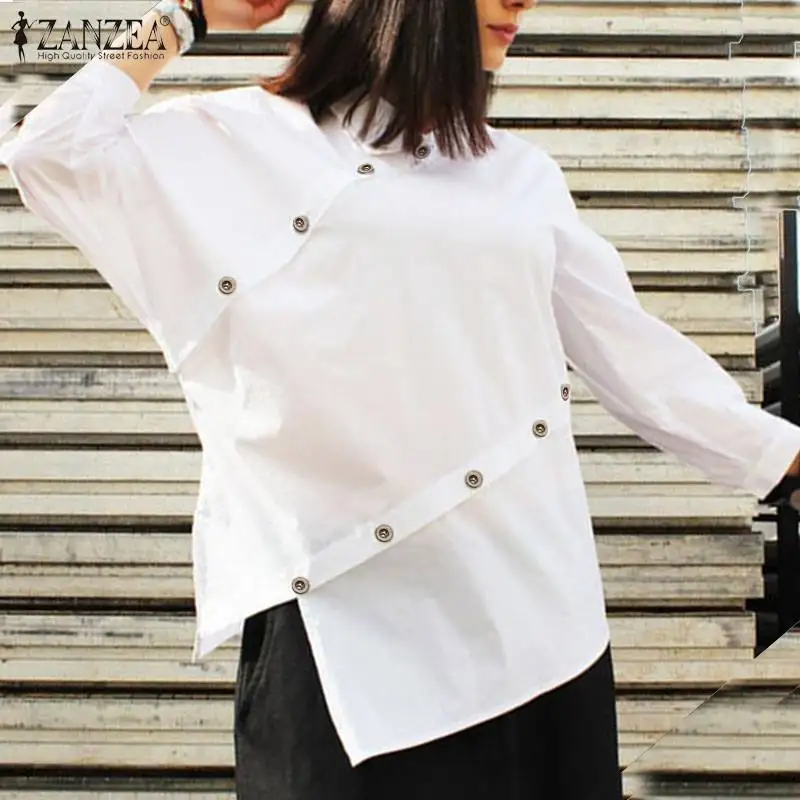 2021 ZANZEA Stilfulde Kvinders langærmet Bluse Asymmetrisk Shirts, Casual Efteråret Knappen Blusas Kvindelige Solid Tunika Toppe Plus Størrelse
