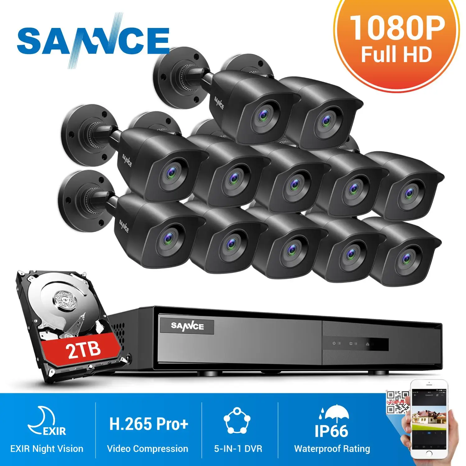 SANNCE 16CH CCTV sikkerhedssystem HD 1080P DVR 12PCS 1920*1080P IR Udendørs Kameraer 2,0 MP Videoovervågning Kit Sort Farve