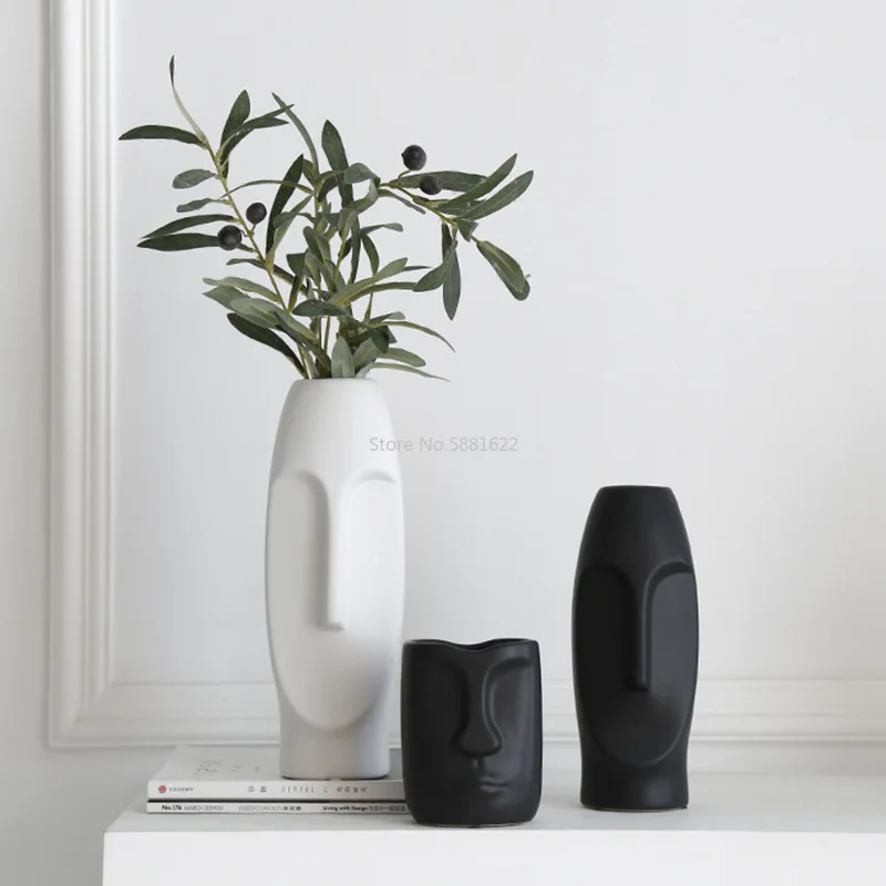 Nordisk Minimalistisk Abstrakt Keramik Vase i Sort og Hvid med et Menneskeligt Ansigt Kreative Display Værelse Figue hovedform Bordplade Vase