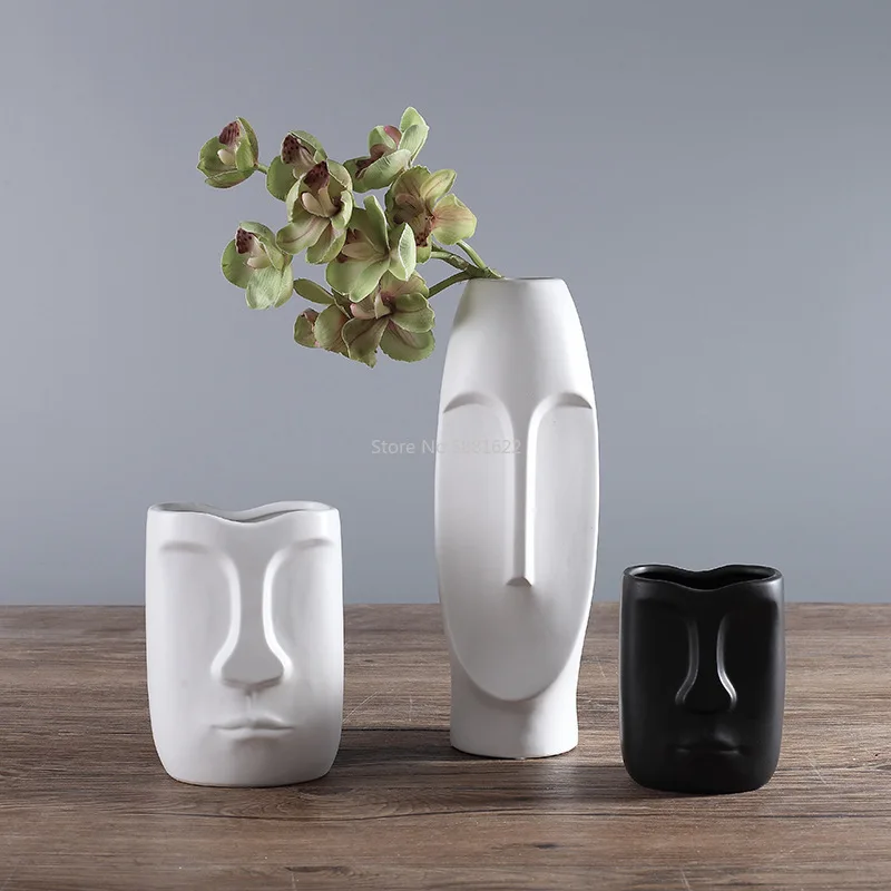 Nordisk Minimalistisk Abstrakt Keramik Vase i Sort og Hvid med et Menneskeligt Ansigt Kreative Display Værelse Figue hovedform Bordplade Vase