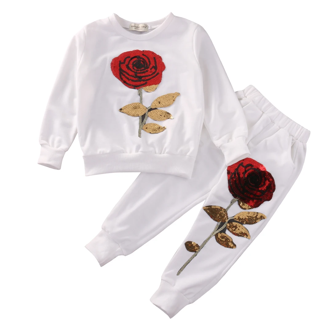 Blomster lille Barn Børn Baby Pige Tøj, Efterår, Vinter Varm Steg Pullover Sweatshirt Bukser 2stk Søde Tøj, Træningsdragt Tøj