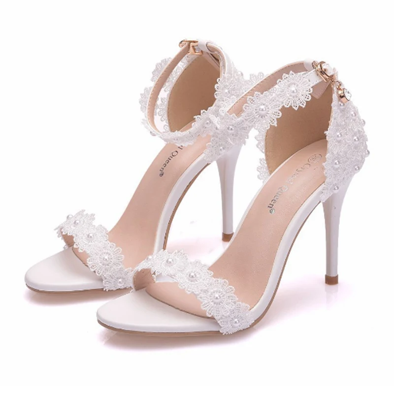 Sandaler kvinders høje hæle kvinders banket sko kvinder 's bryllup sko women' s party sko kvinder hvid blonder sandaler