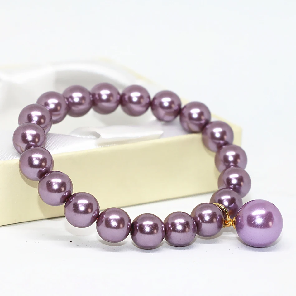 Høj kvalitet armbånd til kvinder 10mm lilla shell simuleret-pearl runde perler engros elastisk kæde smykker 7,5 tommer B1713