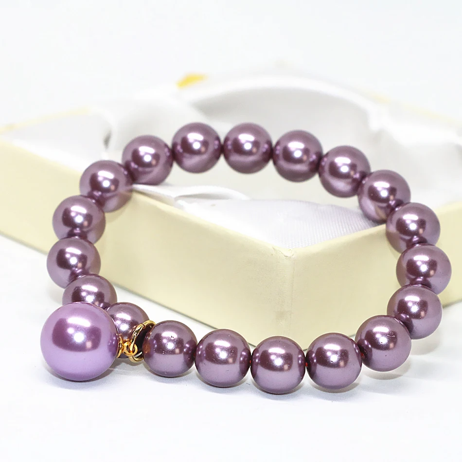 Høj kvalitet armbånd til kvinder 10mm lilla shell simuleret-pearl runde perler engros elastisk kæde smykker 7,5 tommer B1713