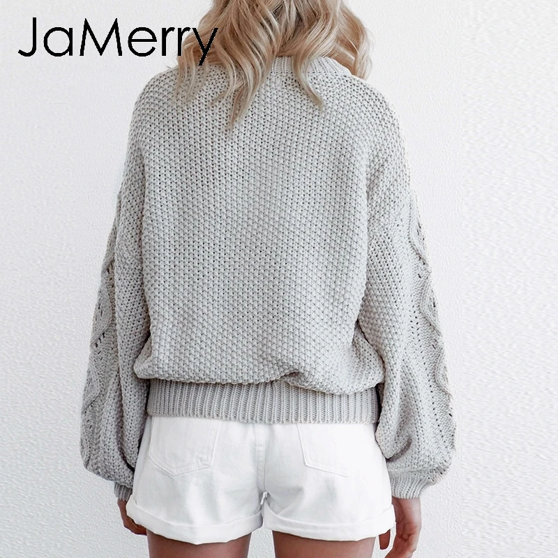 JaMerry Vintage hule ud strikket kvinder pullover sweater Lanterne ærme kvindelige efterår og vinter sweater O-hals casual jumper 2019