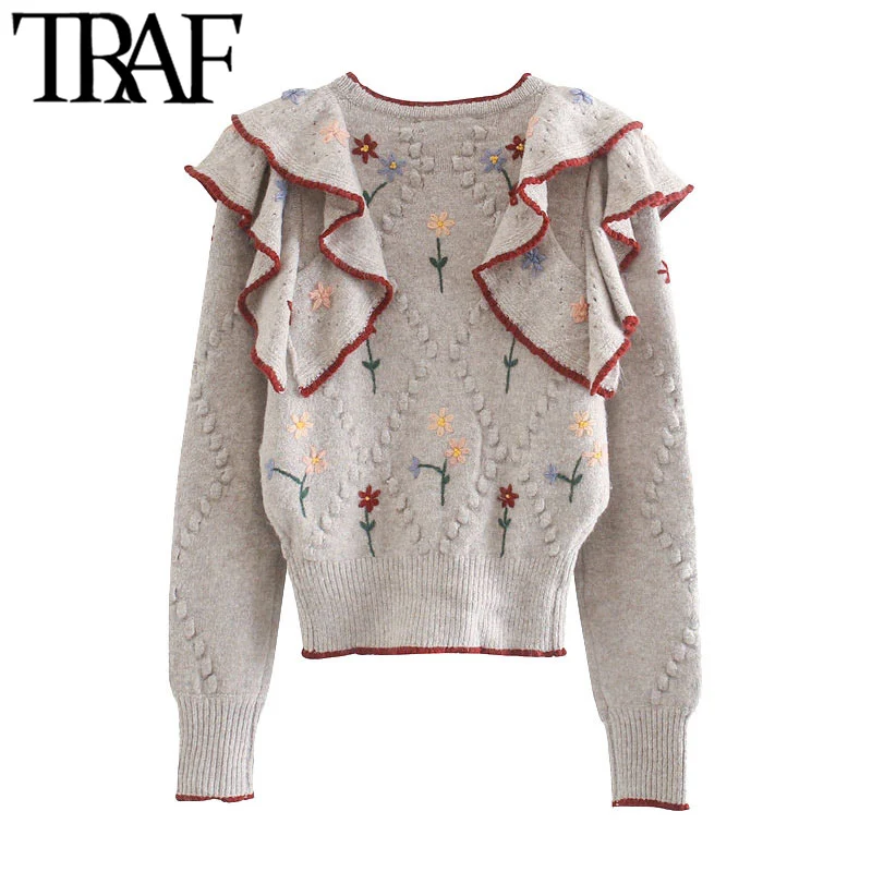 TRAF Kvinder Mode Blomster Broderi Pjusket Strikket Cardigan Sweater Vintage Lange Ærmer Kvindelige Overtøj Smarte Toppe