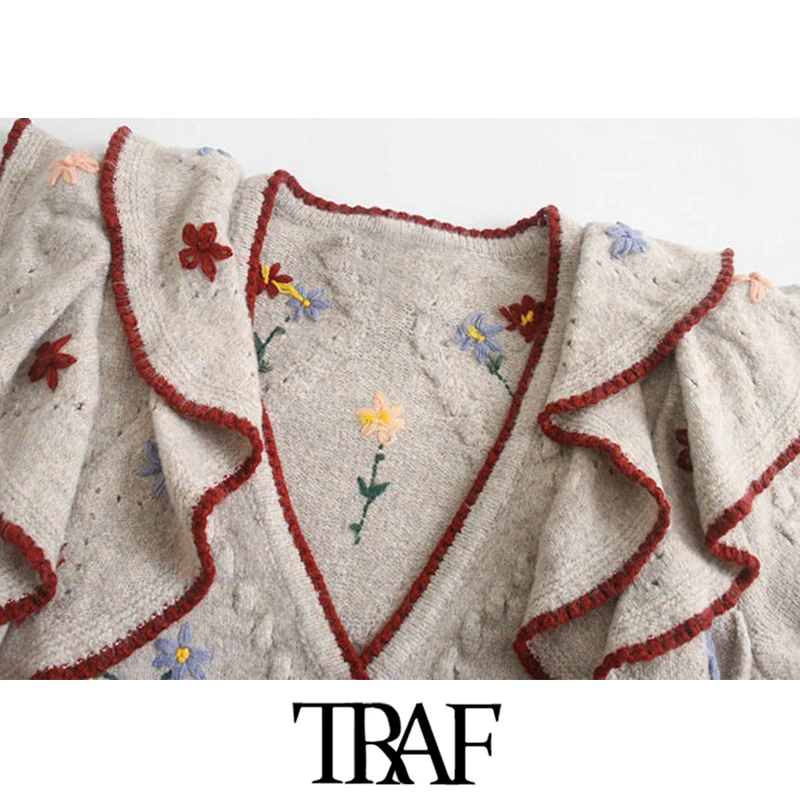 TRAF Kvinder Mode Blomster Broderi Pjusket Strikket Cardigan Sweater Vintage Lange Ærmer Kvindelige Overtøj Smarte Toppe