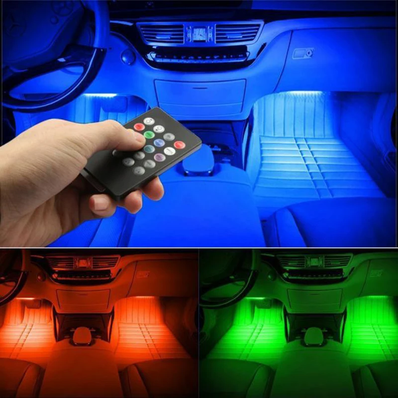 USB LED RGB Strip Light Bilen fod atmosfære Omgivende Dekorative Lys, Musik, rytme fjernbetjening lampe Multi-blitz-tilstand