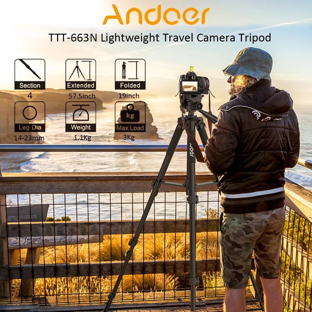 Andoer Let Rejse Kamera Stativ TTT-663N for Fotografering, videooptagelse Støtte DSLR SPEJLREFLEKSKAMERA, Videokamera med Taske