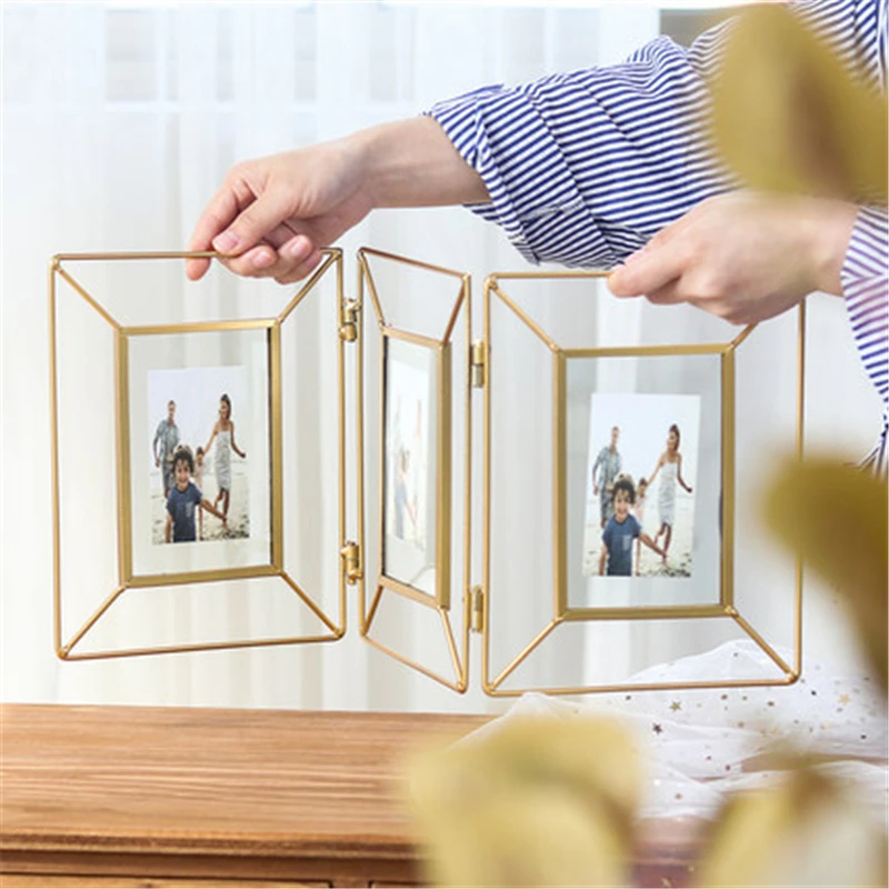 Nordisk Geometriske Metal og Glas fotorammer Kreative Desktop Sammenklappelig Roterbar Golden Strygejern Dekorative Billede Ornamenter 6/8Inches