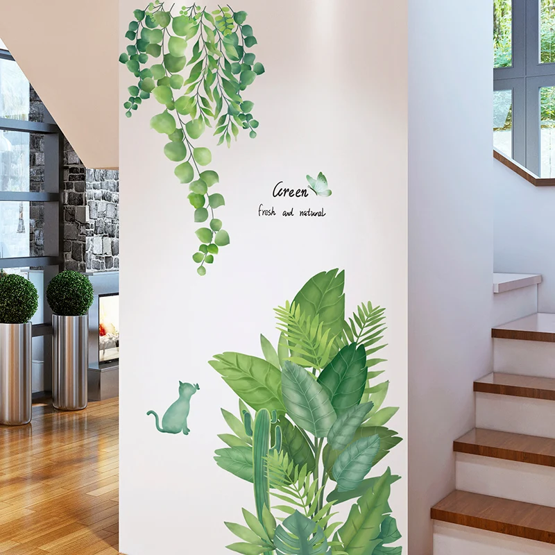 [shijuekongjian] Grønne Blade Wall Stickers DIY Kat Dyr vægoverføringsbilleder for Kids Room Baby Soveværelse Børnehave Hus Dekoration