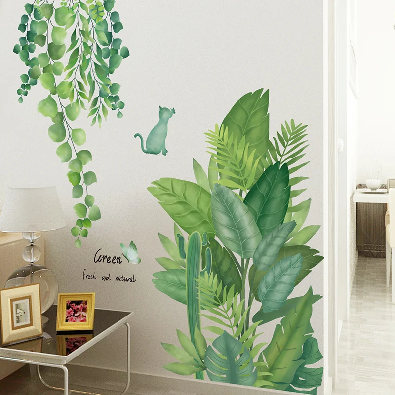 [shijuekongjian] Grønne Blade Wall Stickers DIY Kat Dyr vægoverføringsbilleder for Kids Room Baby Soveværelse Børnehave Hus Dekoration