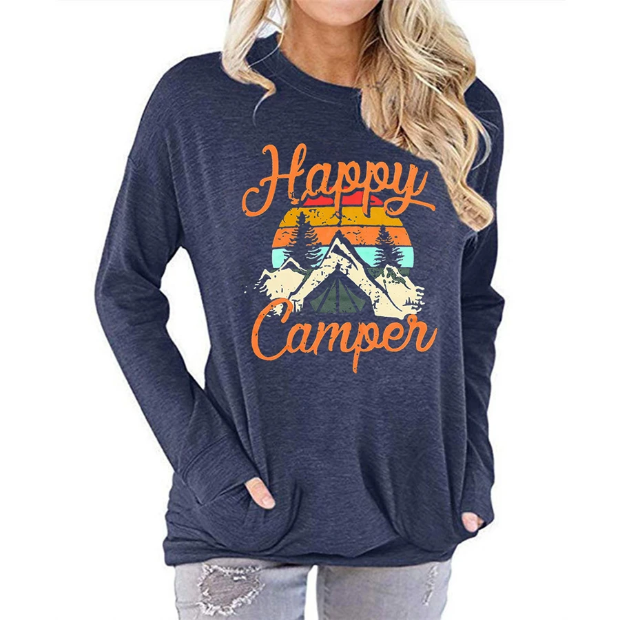 2020 fashion Kvinder Pocket Top Happy Camper Trykt Rund Hals langærmet T-shirt Harajuku Omighty Graphic Tee Æstetisk Tøj