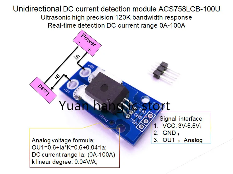 Envejs DC-strøm-sensor modul ACS758LCB-100U ACS758LCB 100U ACS758 120 kHz båndbredde DC:0 ~ 100 A 0.04 V/1A