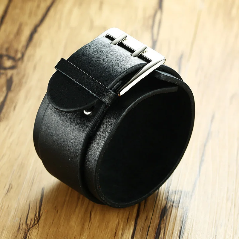 Vnox 45.5 mm Bredde Læder Bælte Design Justerbar Chunky Wrap Armbånd Til Mænd Håndled Band Ægte Læder Mandlige Simple smykker og