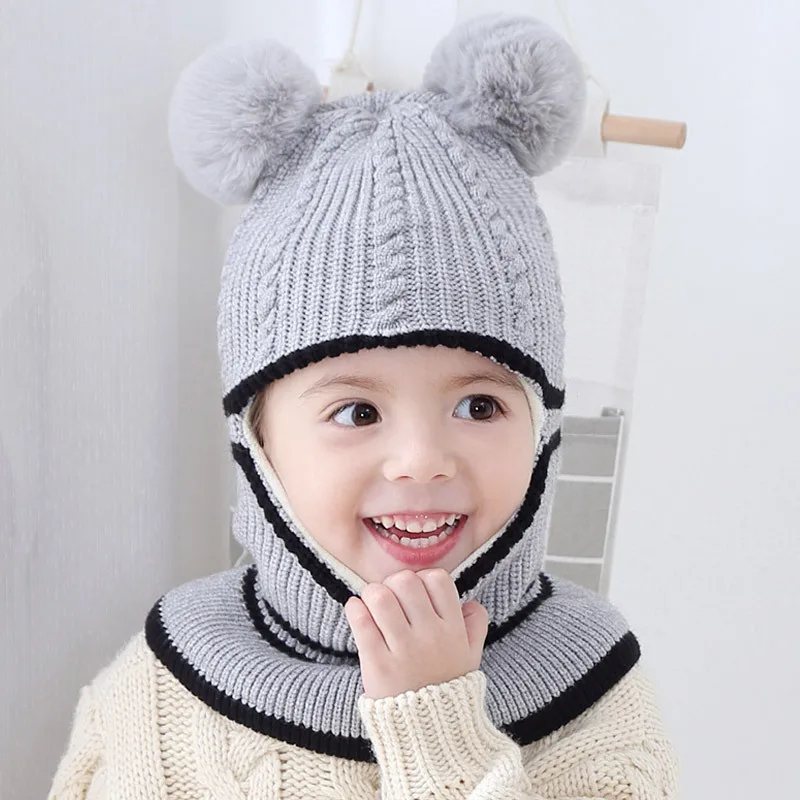 Vinteren Børns Pompom Hat Baby Strikkede Huer Tørklæde Dejlige Drenge Piger Varmt Plus Fløjl med Hat eller Tørklæde Udendørs Vindtæt For Børn
