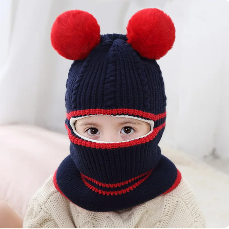 Vinteren Børns Pompom Hat Baby Strikkede Huer Tørklæde Dejlige Drenge Piger Varmt Plus Fløjl med Hat eller Tørklæde Udendørs Vindtæt For Børn