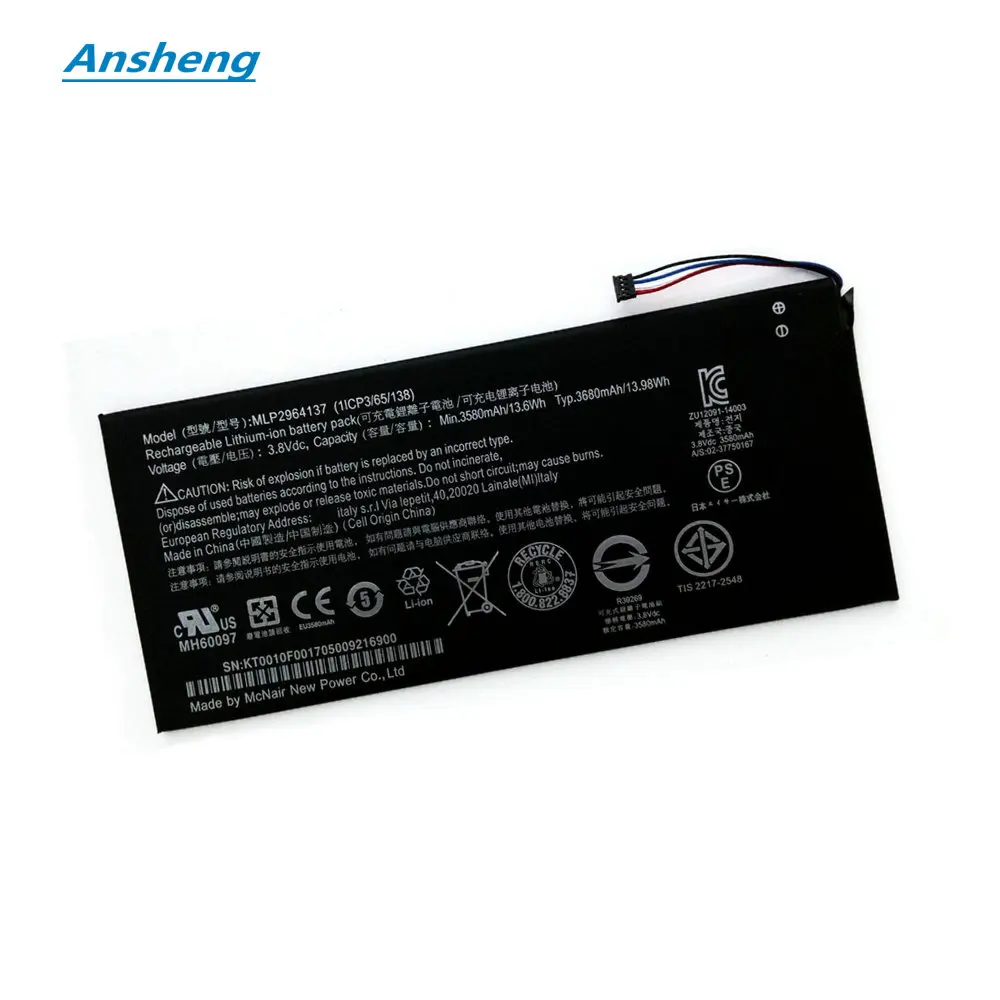 Ansheng Høj Kvalitet 3580mAh MLP2964137 batteri til Acer lconia En 7 B1-730 B1-730HD A1402 3165142P