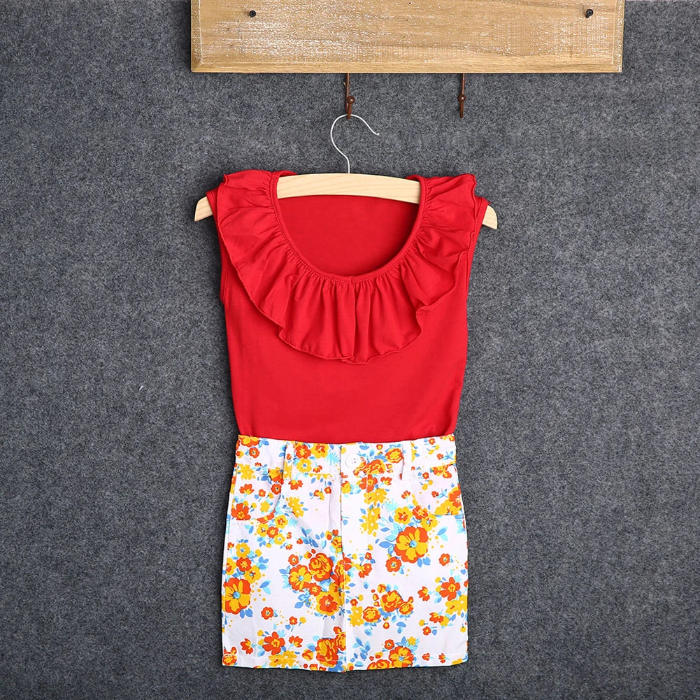 Emmababy Baby Piger Tøj Sæt 2stk 1-7Y Passer til Børn Piger Tøj Sleveless Mindre, T-Shirts Lotus Krave T-Shirt, Nederdel Blomst