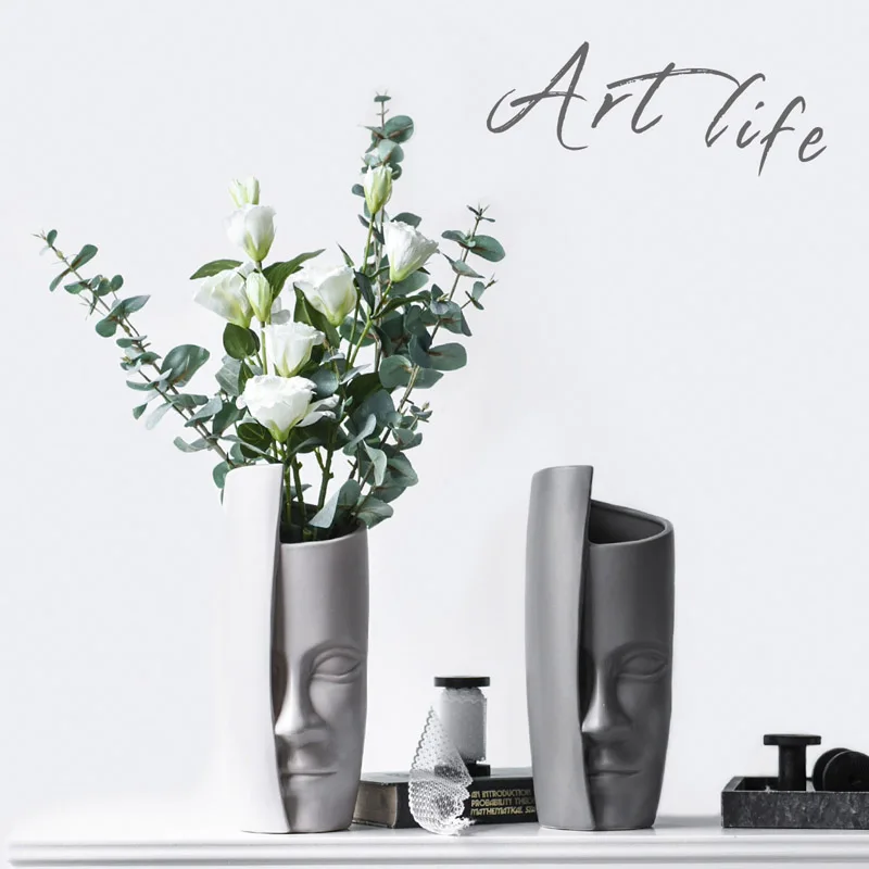 Nordisk Ansigt Vase Sort og Hvid Keramik Vaser Kunstige Blomster Vase Kreative Mennesker Står over for Store Hoved Vase Pot