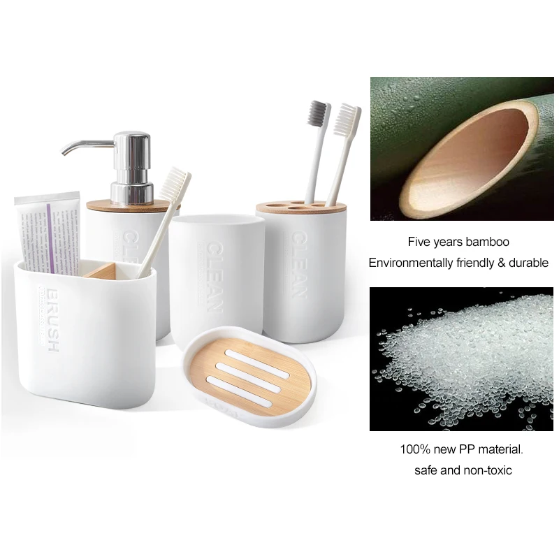 Bambus Badeværelse Tandpasta Indehaveren Gurgle Cup 6stk tandbørsteholder Vask Set Emulsion Dispenser Beholderen Badeværelse Tilbehør