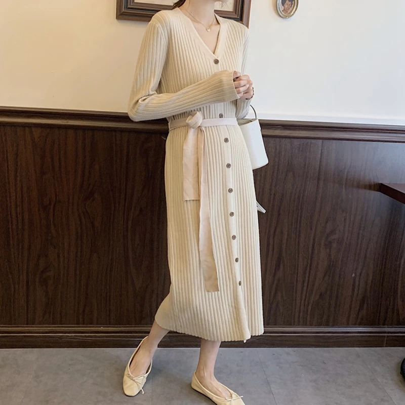 Midi-Sweater Kjole til Elegante Kvinder V-Hals Vintage-Knappen Lace-Up Tynd Kontor Dame Strikket Kjole Et-styk Kjole koreanske Efteråret 2020