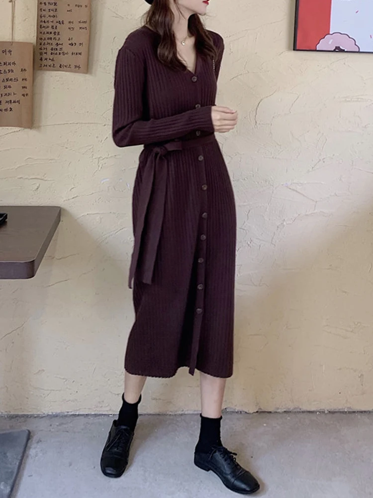 Midi-Sweater Kjole til Elegante Kvinder V-Hals Vintage-Knappen Lace-Up Tynd Kontor Dame Strikket Kjole Et-styk Kjole koreanske Efteråret 2020