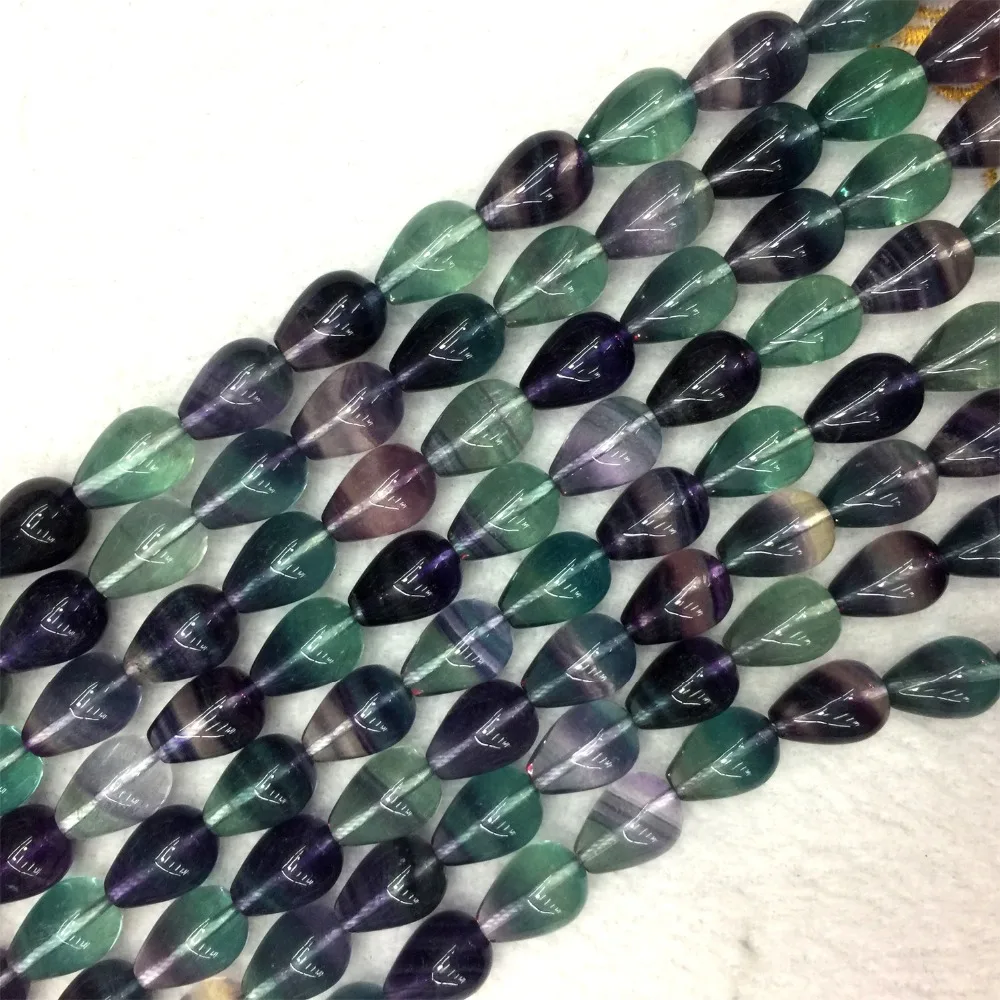 Ægte Naturlig Rainbow Lilla Grøn Fluorit Semi-ædle sten Halskæde Teardrop Armbånd Perler 15