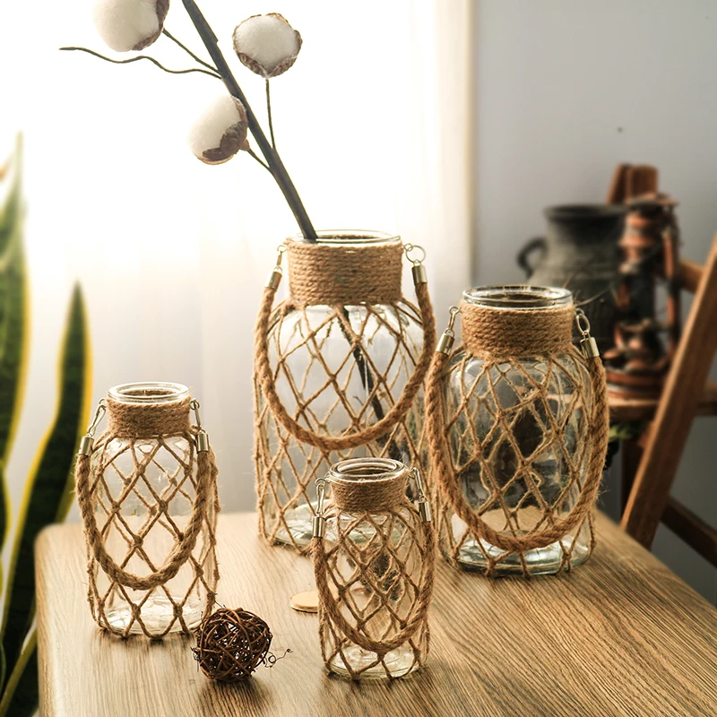 Mode Hamp Reb Håndlavet Vase American Style Glas Vase Stuer Tabel Indretning Vand Hydroponics Blomst Reb Tør Blomstervaser