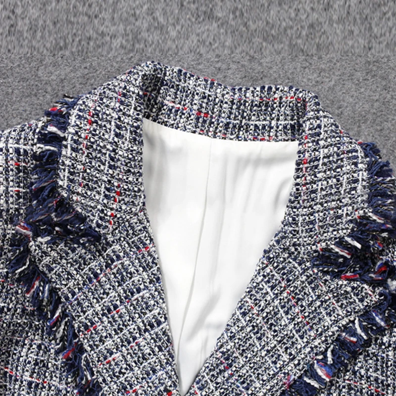 Blå-grå tweed plaid jakke foråret / efteråret kvinder frakke jakke damer passer til små duftende vind jakke