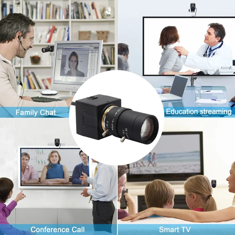 H. 264 CCTV Sony IMX322 5-50 mm Varifocal Linse Mini-USB-Webcam-Kamera, 1080P HD-Android, Linux Windows til PC Video-Konference
