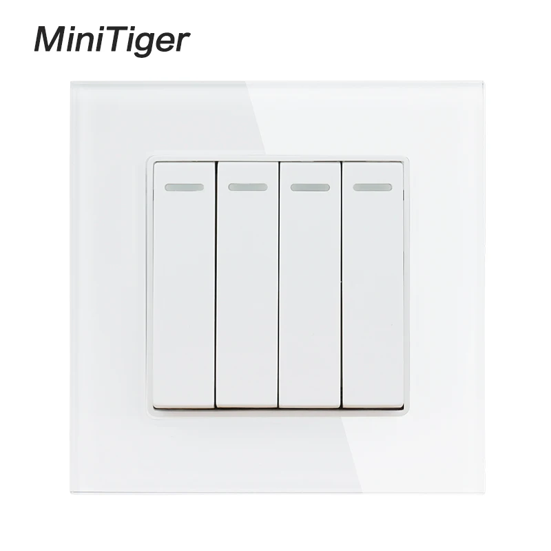 Minitiger Hvid Luksus Hærdet Krystal Glas Panel, 1 Gang 1 Måde Wall Light-Knappen Tænd / Sluk-kontakt på Væggen 16A 250V AC