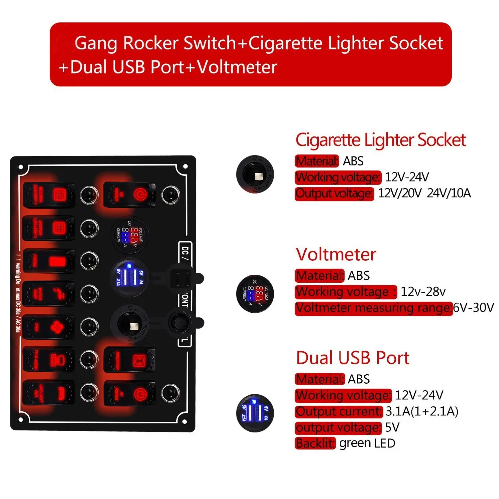 LED Bil Marine Vandtæt 5 Pin Båd Rocker Switch Panel med Sikring Dual USB-Slot LED-Lys + Stikkontakt, Afbryder Voltmeter