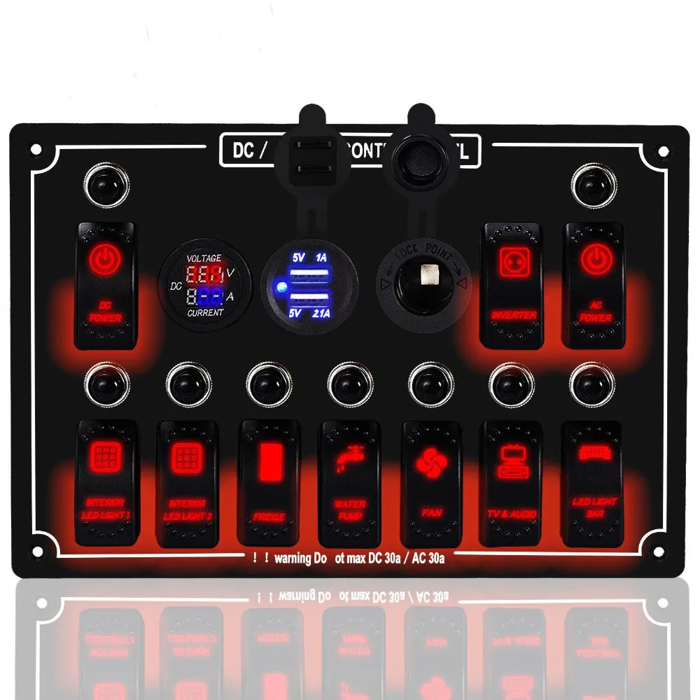 LED Bil Marine Vandtæt 5 Pin Båd Rocker Switch Panel med Sikring Dual USB-Slot LED-Lys + Stikkontakt, Afbryder Voltmeter