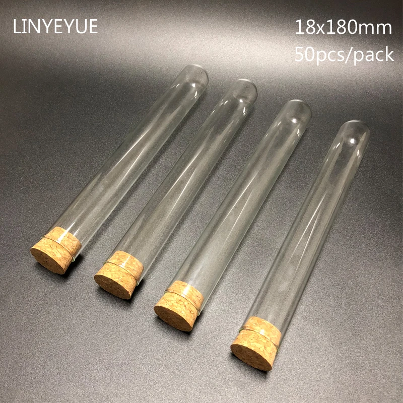 50 stk./pakke 18x180mm Lab Flad Bund Glas Reagensglas med Kork Prop Laboratorium Glas
