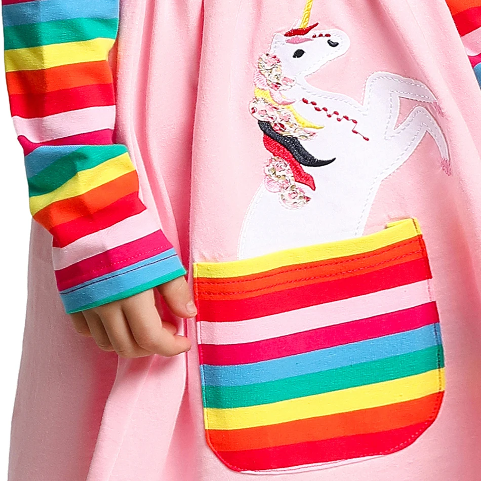 Børn Rainbow Bomuld Unicorn Dress Pige langærmet Haliday Afslappet Tøj Børnene Foråret Sød Kjole Pink Blute Tøj 3-8T