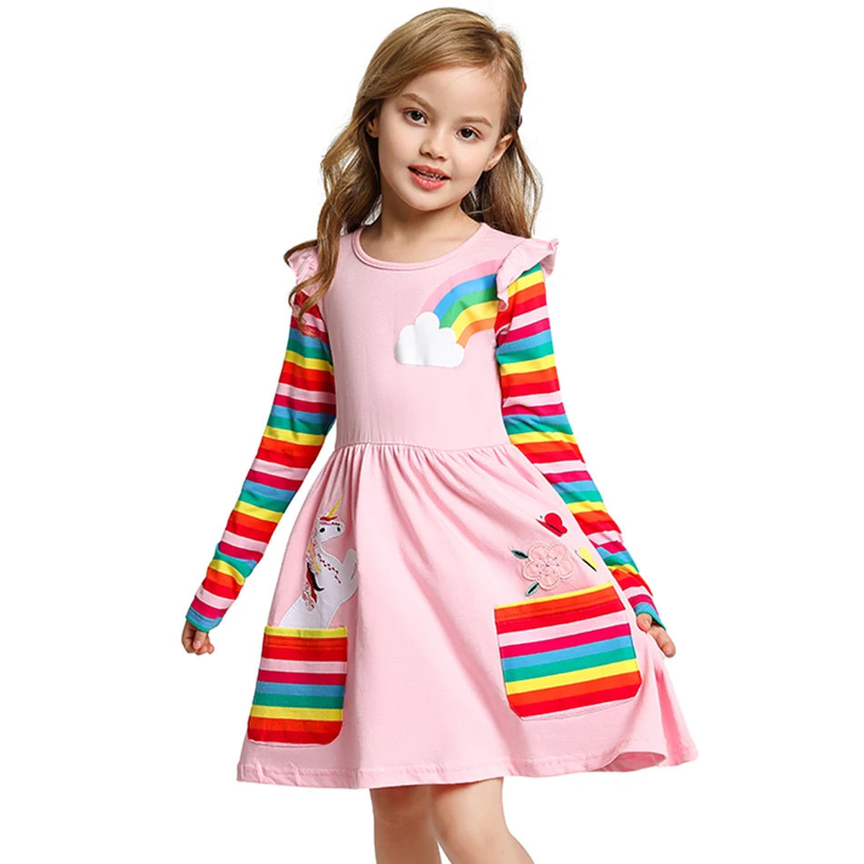 Børn Rainbow Bomuld Unicorn Dress Pige langærmet Haliday Afslappet Tøj Børnene Foråret Sød Kjole Pink Blute Tøj 3-8T