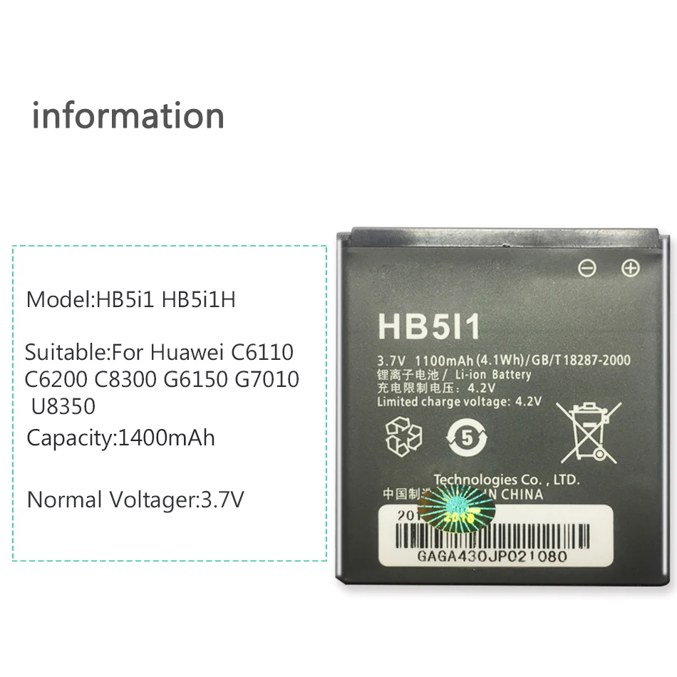 YKaiserin Mobiltelefon Batteri HB5i1 HB5i1H For Huawei C6110 C6200 C8300 G6150 G7010 U8350 1400mAh