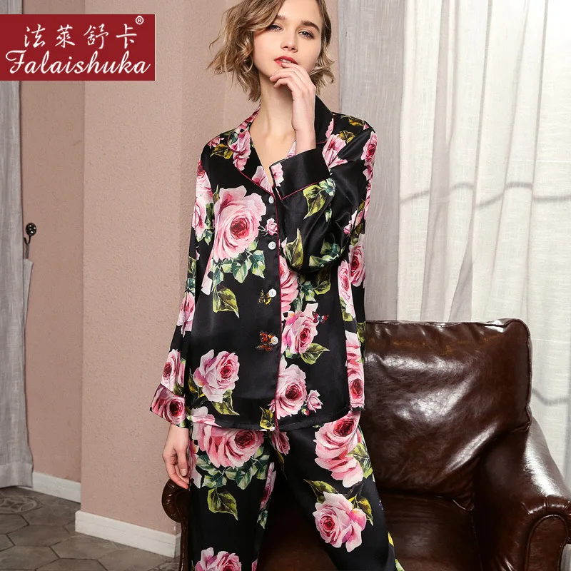 Ny mulberry silke pyjamas sæt kvinder sommeren sexet sort blomst elegante lange ærmer ren ægte silke dame nattøj 2019