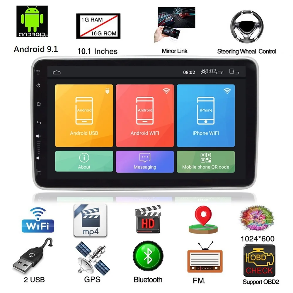 1 Din Android 9.1 Car Multimedia Player 9/10tommer 360 Graders Roterbar Touch-Skærm Stereo Video, GPS, WiFi Auto Radio MP5 Afspiller