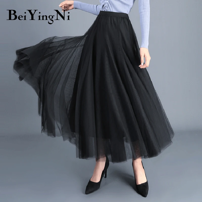 Beiyingni Voksen Tyl Nederdel Kvinder Mesh Høj Talje Vintage Luksus Koreanske Casual Tutu Skørter Elegante Lange Nederdele Jupe Femme Faldas
