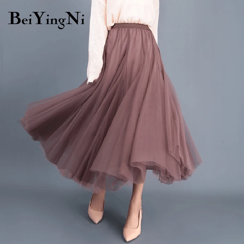 Beiyingni Voksen Tyl Nederdel Kvinder Mesh Høj Talje Vintage Luksus Koreanske Casual Tutu Skørter Elegante Lange Nederdele Jupe Femme Faldas