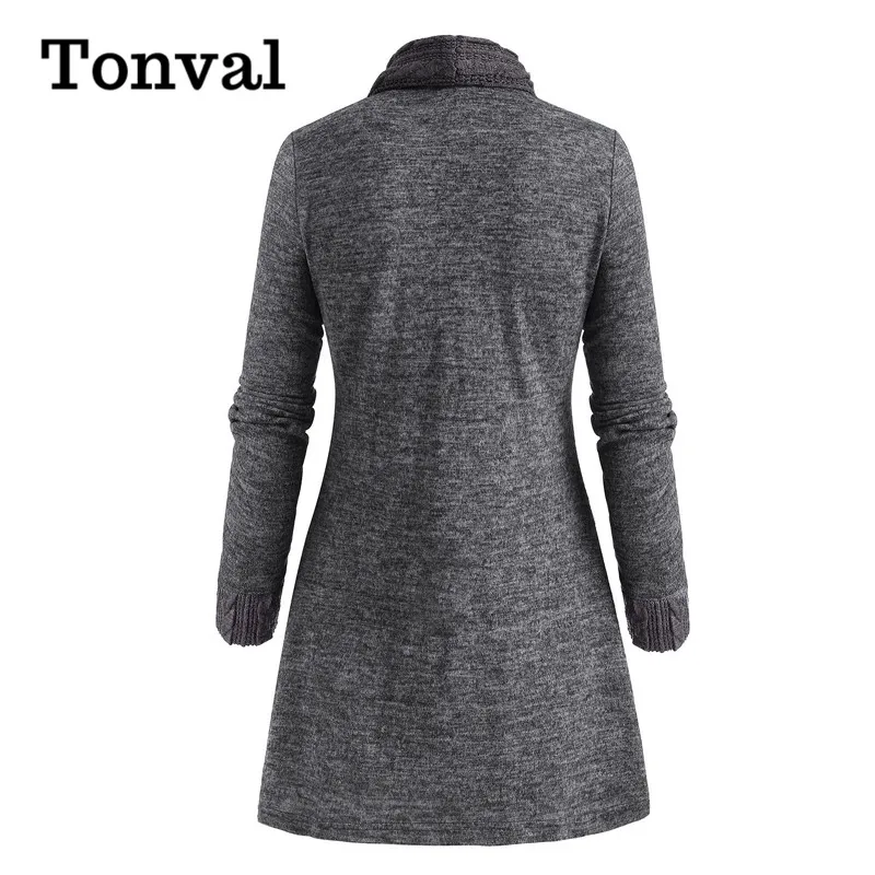 Tonval Turn Down Krave Sort Strikket Cardigan Kvinder Lang Vinter 2020 Spænde Sweater Frakke Vintage Tøj Plus Size Strik
