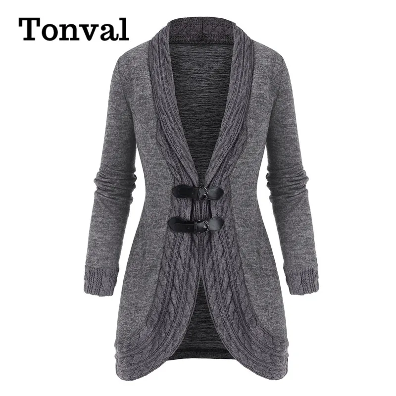 Tonval Turn Down Krave Sort Strikket Cardigan Kvinder Lang Vinter 2020 Spænde Sweater Frakke Vintage Tøj Plus Size Strik
