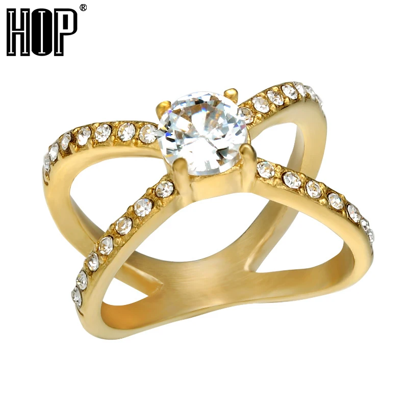 HIP Hop Kortfattet Klassisk Cubic Zirconia Part Ringe Iced Out Bling Guld Farve Titanium, Rustfrit Stål Ring for Kvinder Smykker