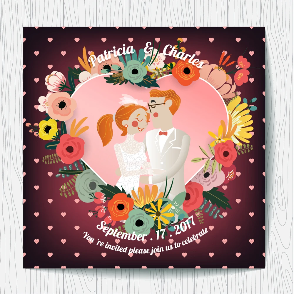 Tak-kort, Kærlighed tema bryllup invitation lykønskningskort, tilføj navn 6x6cm100 stykker af 300g papir