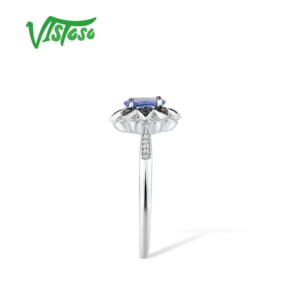 VISTOSO Guld Ring For Kvinde Ægte 14K 585 Hvid Guld Oval Ceylon Safir Diamant Elegante Blå Blomst Gave Trendy Fine Smykker