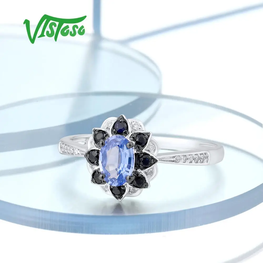 VISTOSO Guld Ring For Kvinde Ægte 14K 585 Hvid Guld Oval Ceylon Safir Diamant Elegante Blå Blomst Gave Trendy Fine Smykker